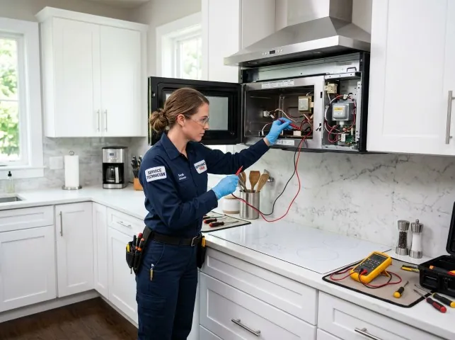 Appliance Repair Hero technician testing an over-the-range microwave in a Bloomingdale, NJ kitchen